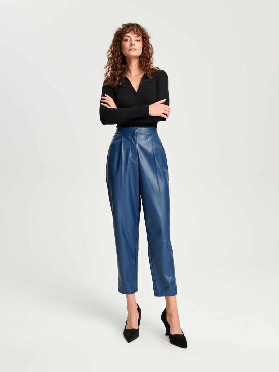Faux leather trousers - navy - SINSAY