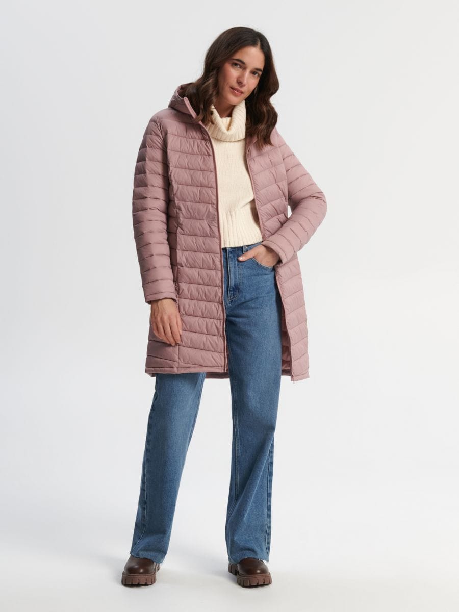 Prešívaná bunda s kapucňou - popolavá ružová - SINSAY