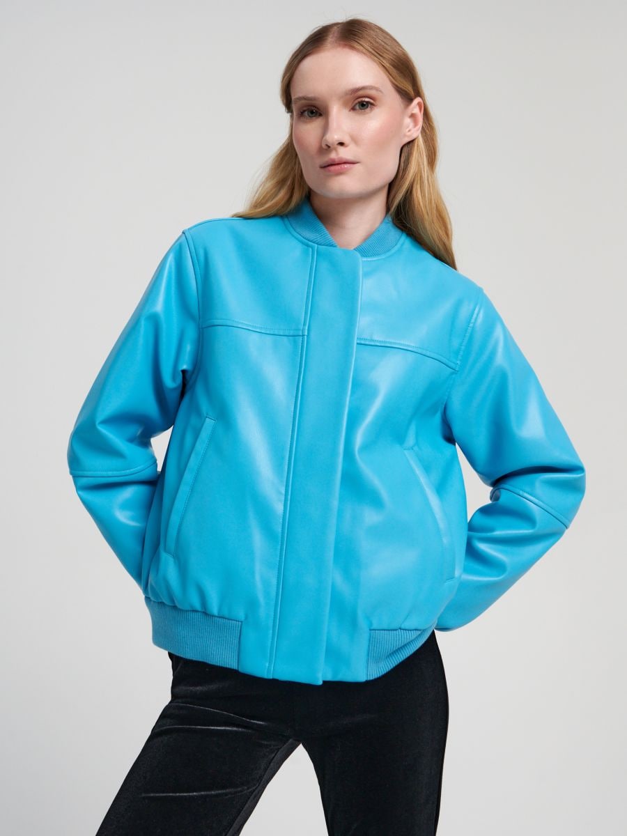 Faux leather bomber jacket - light blue - SINSAY