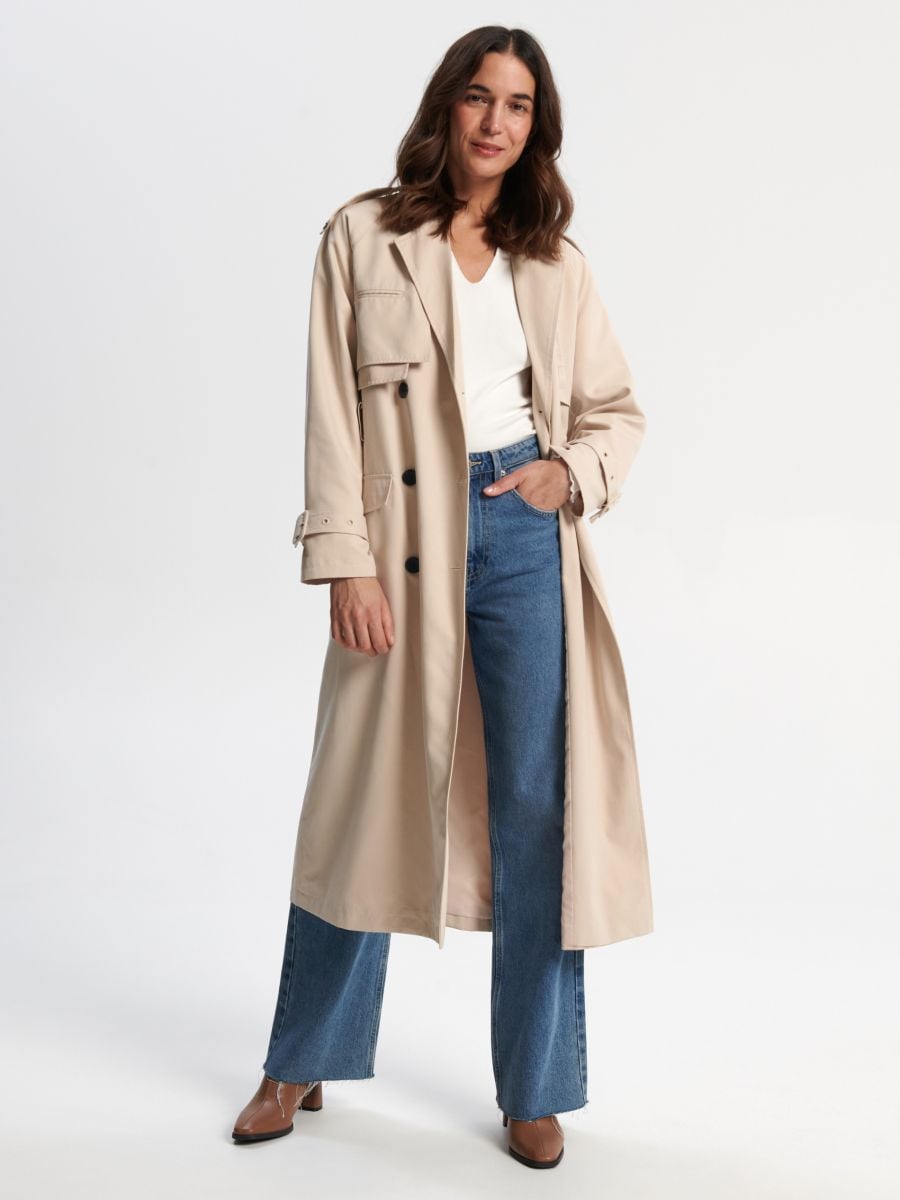 Trench coat with tie waist belt Color nude - SINSAY - 3165F-02X