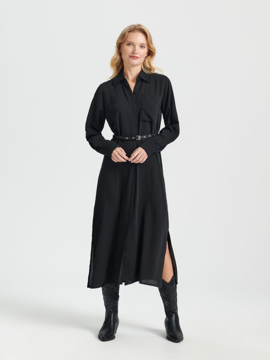 Midi φόρεμα με ζώνη - μαυρο - SINSAY