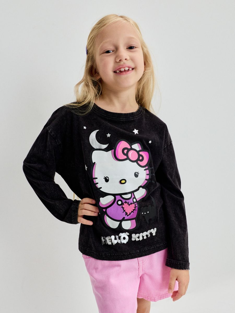 Bawełniana koszulka z nadrukiem Hello Kitty - czarny - SINSAY