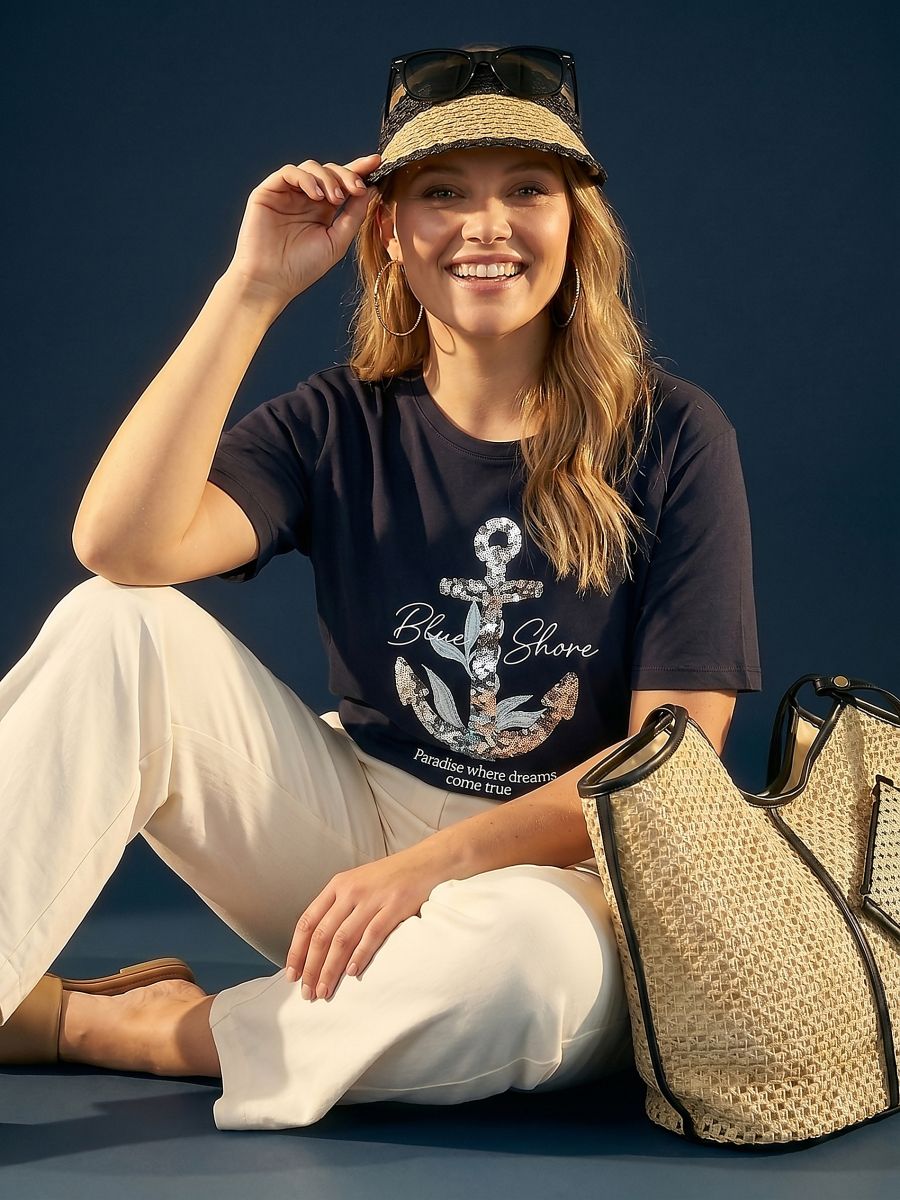 Pamučna majica sa šljokicama sa motivom sidra - mornarsko - SINSAY