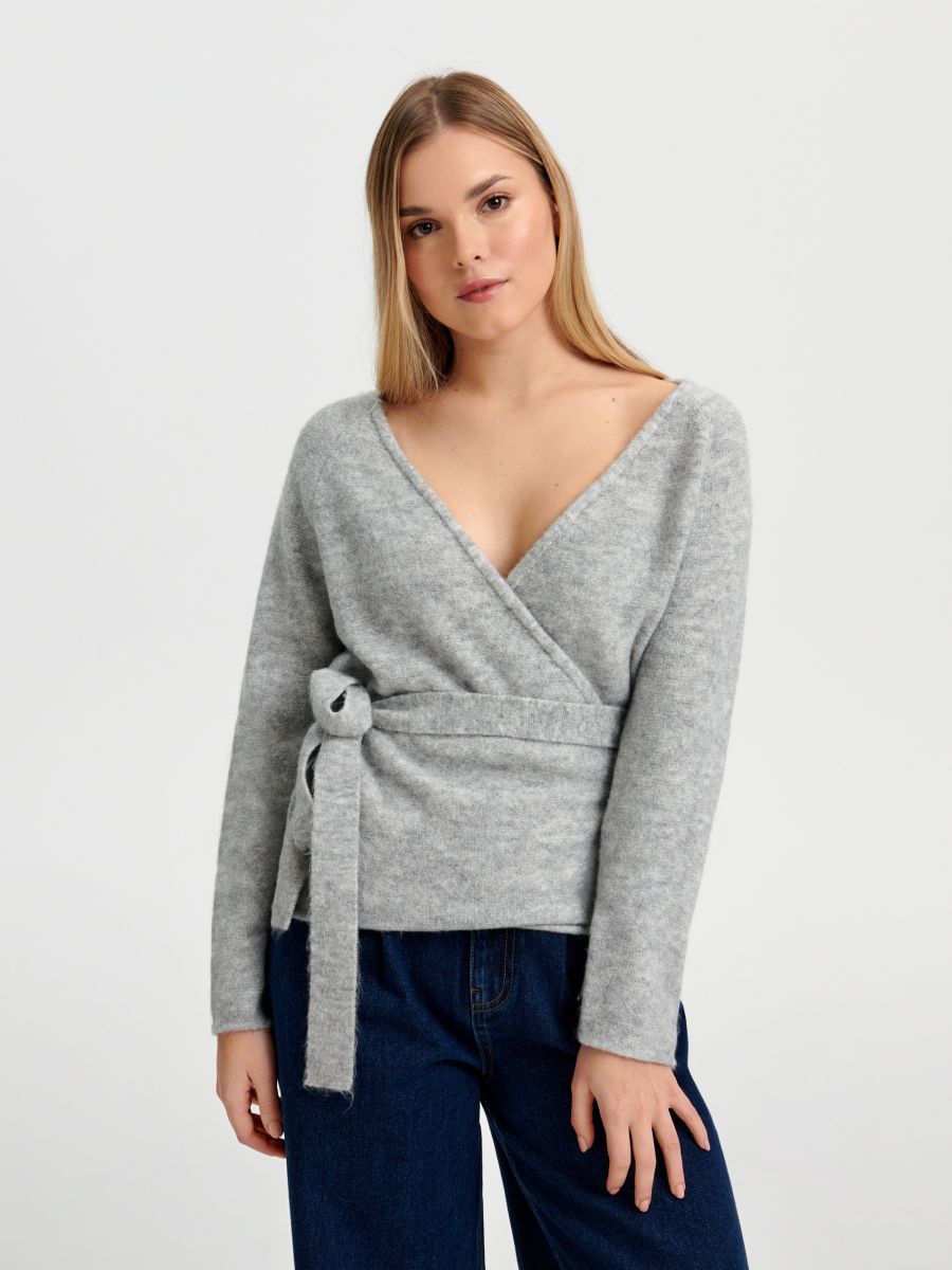 Sweter z wiązaniem - szary - SINSAY