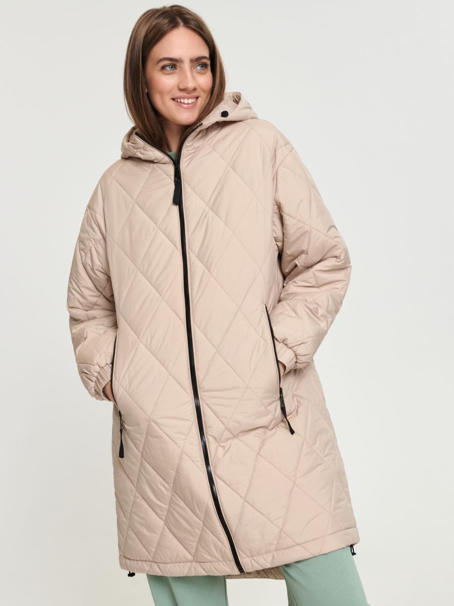Quilted coat with hood - beige - SINSAY