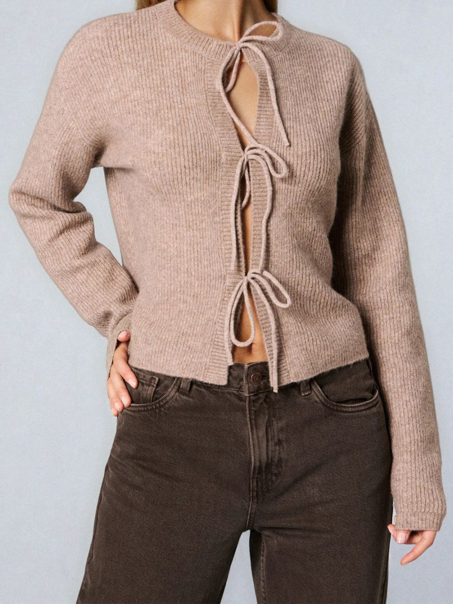 Wiązany kardigan z domieszką wełny - brązowy - SINSAY