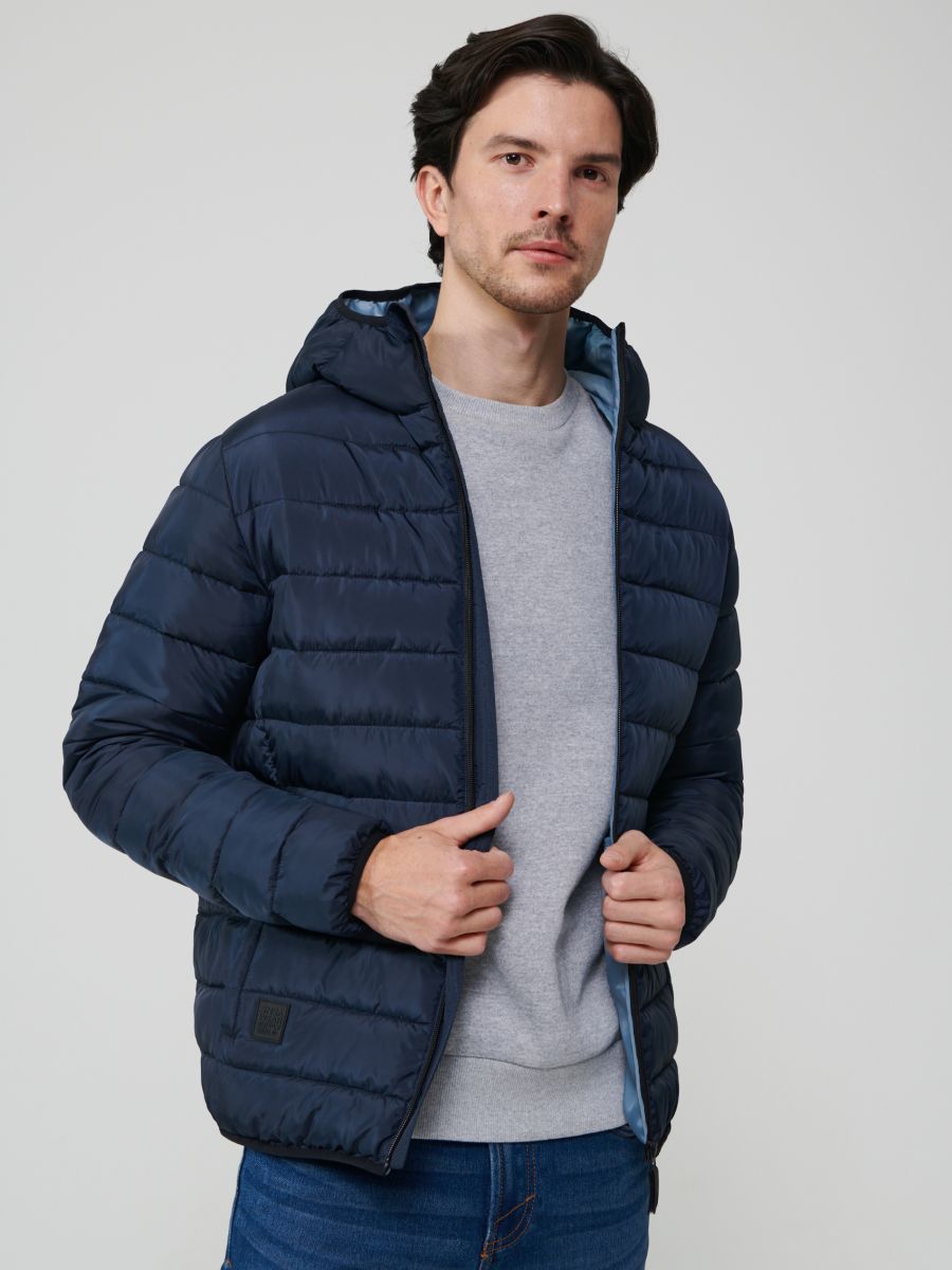 Quilted jacket with hood - navy - SINSAY
