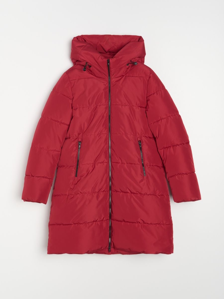 Pikowany płaszcz z kapturem - koralowy - SINSAY