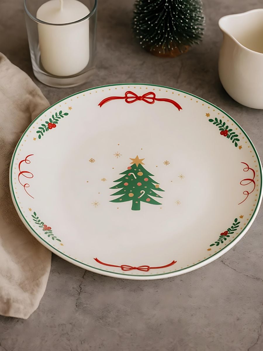 Keramični božični krožnik z motivom jelke - bela - SINSAY