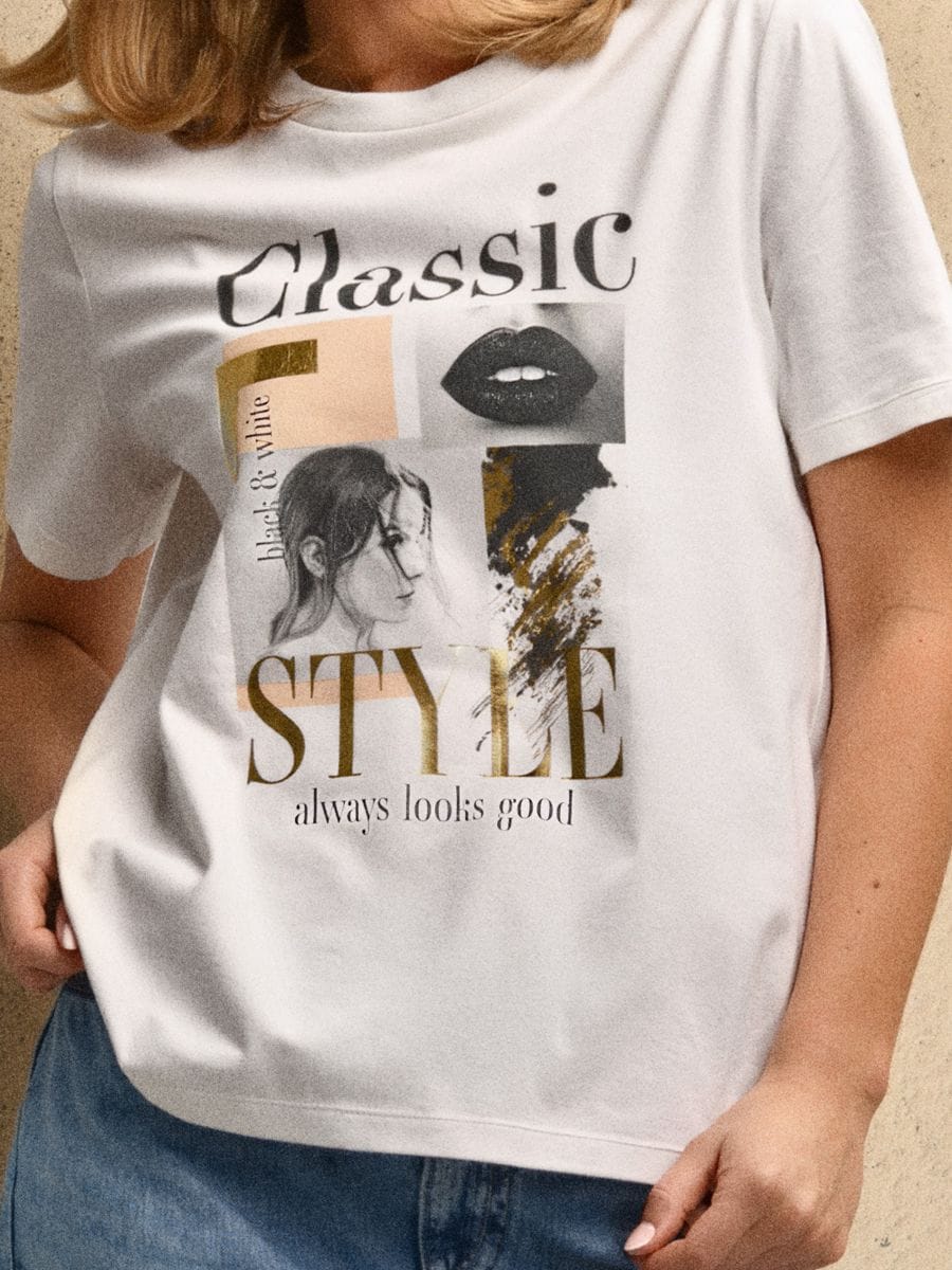 Tricou cu imprimeu metalic - crem - SINSAY