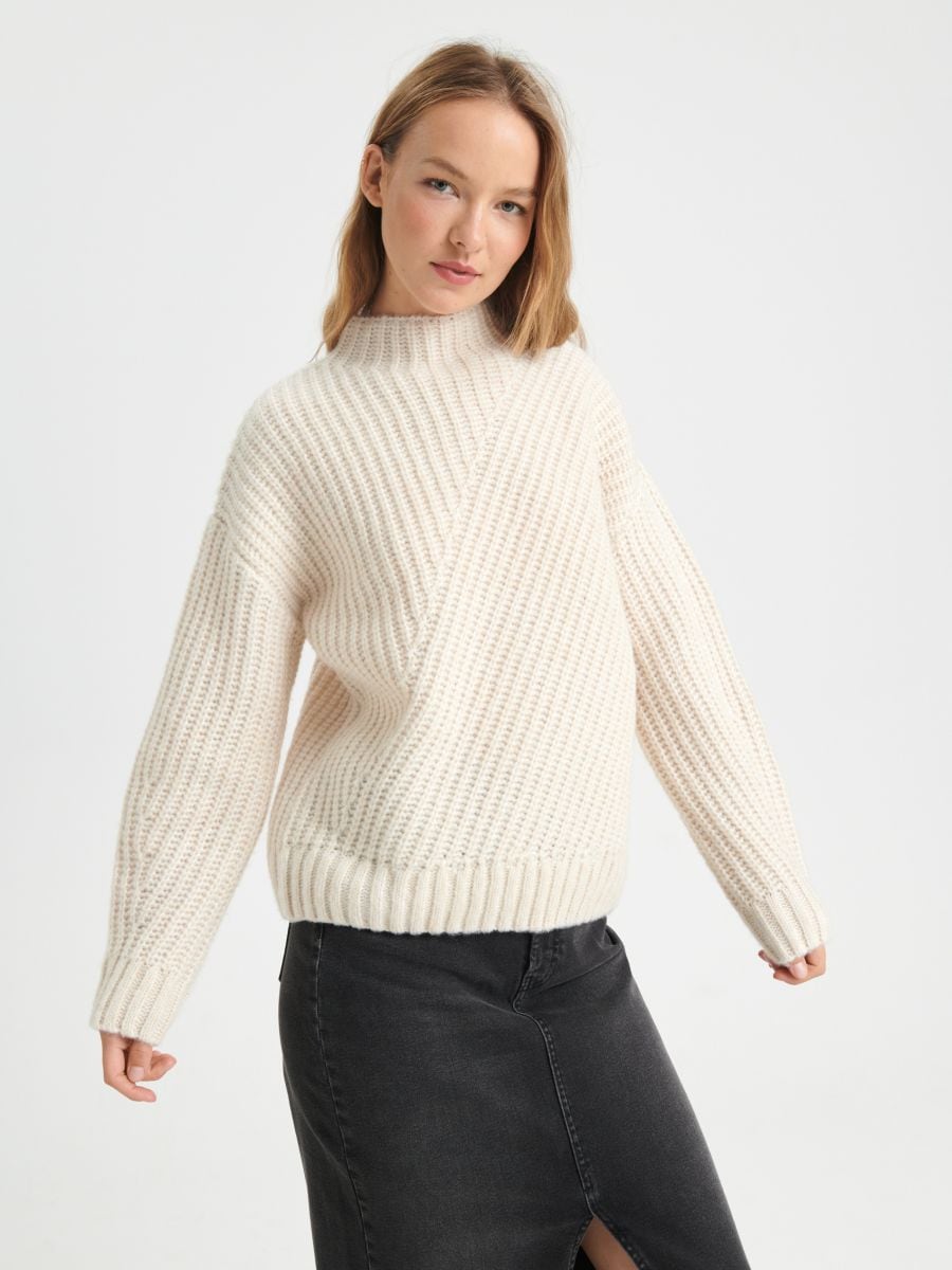 Sweater with standing collar - nude - SINSAY