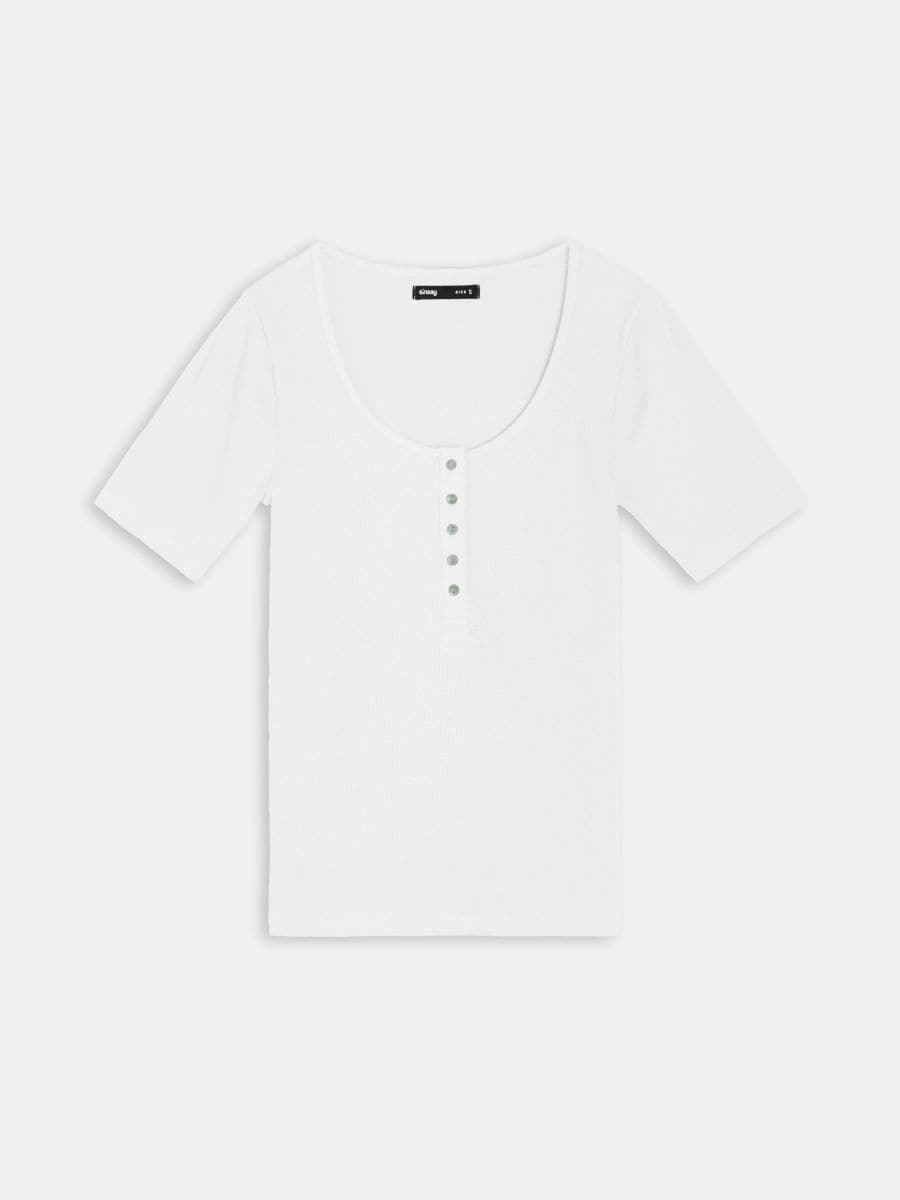 Rebrs T-krekls ar pogām - balts - SINSAY