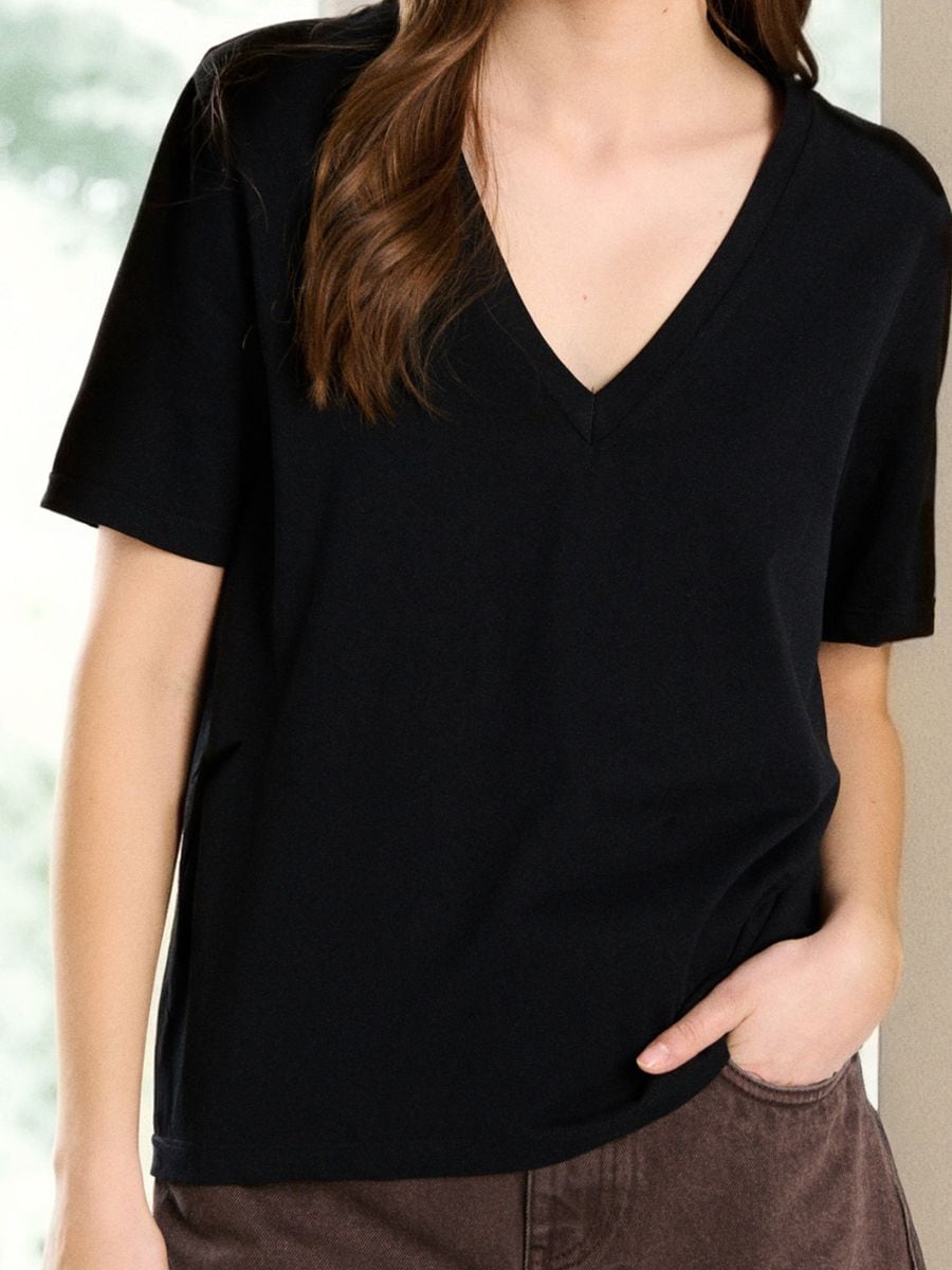Tricou din bumbac cu decolteu în V - negru - SINSAY