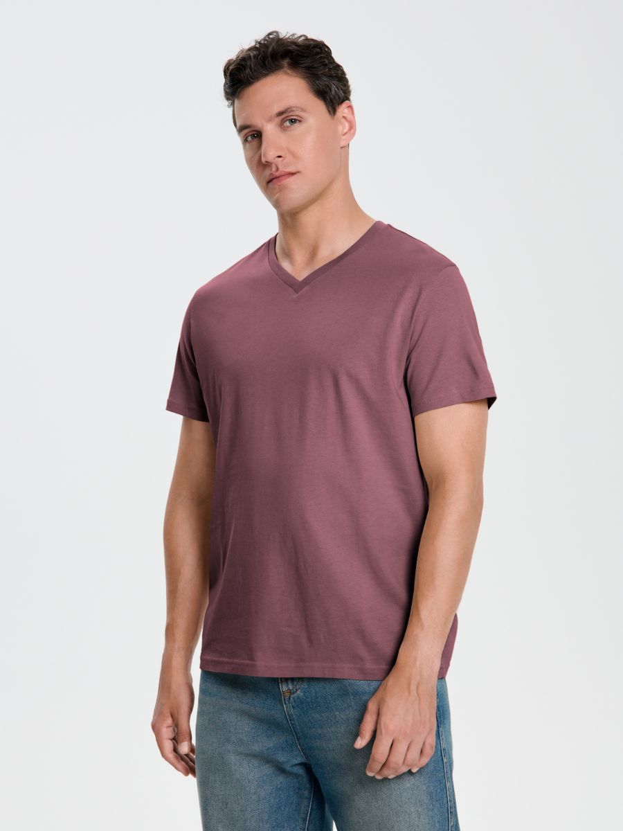 Basic-T-Shirt mit V-Ausschnitt - Hellviolett - SINSAY