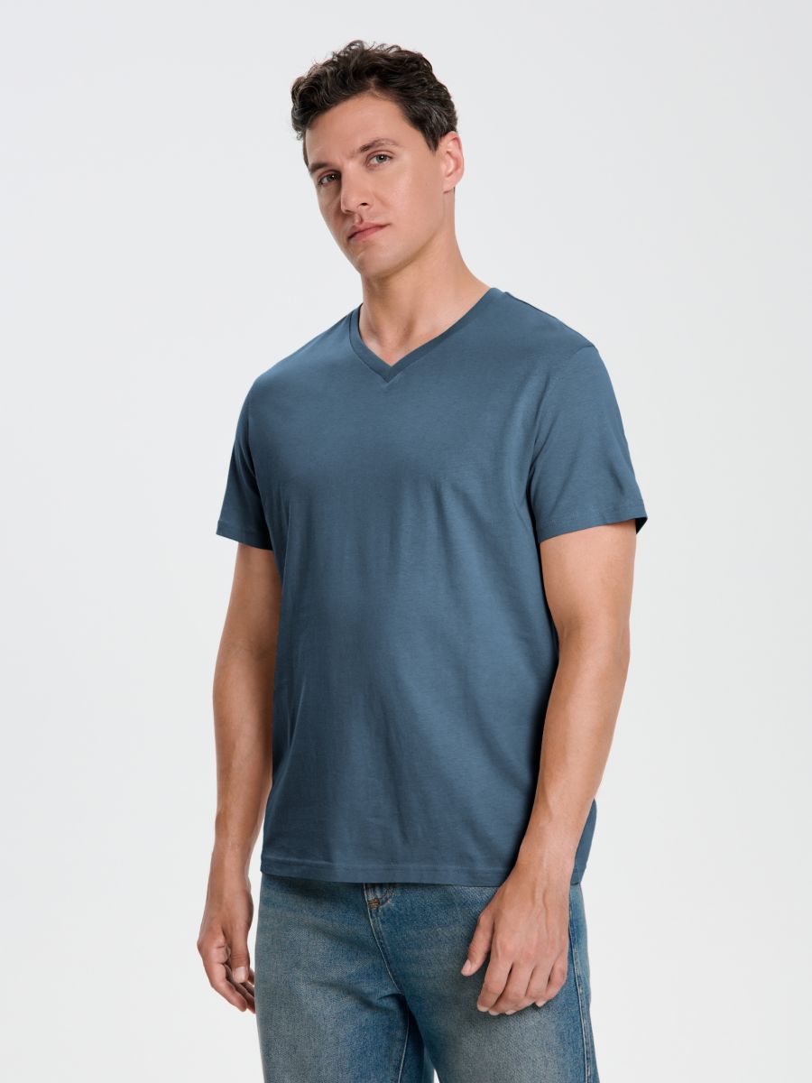 Basic-T-Shirt mit V-Ausschnitt - Indigo - SINSAY