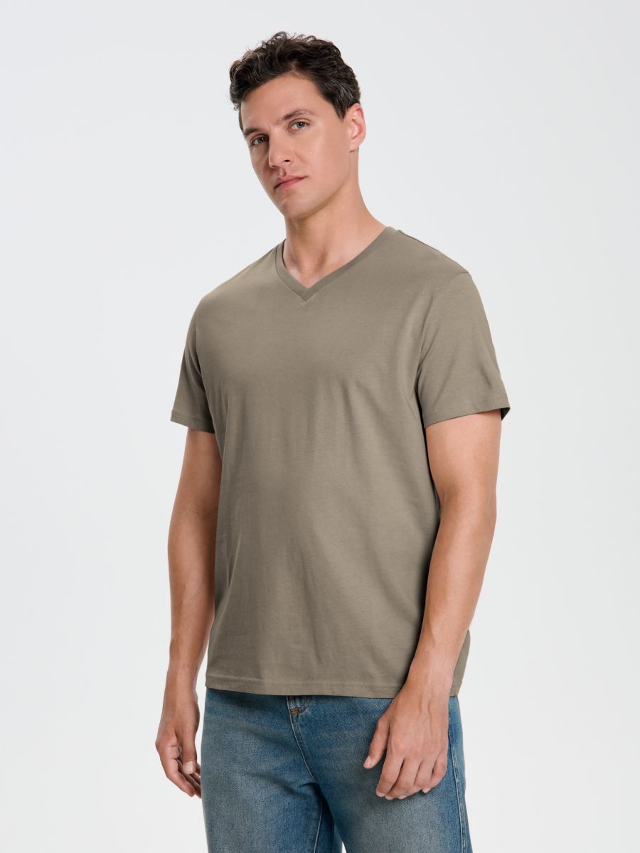 Tricou basic cu decolteu în V - gri-maroniu - SINSAY