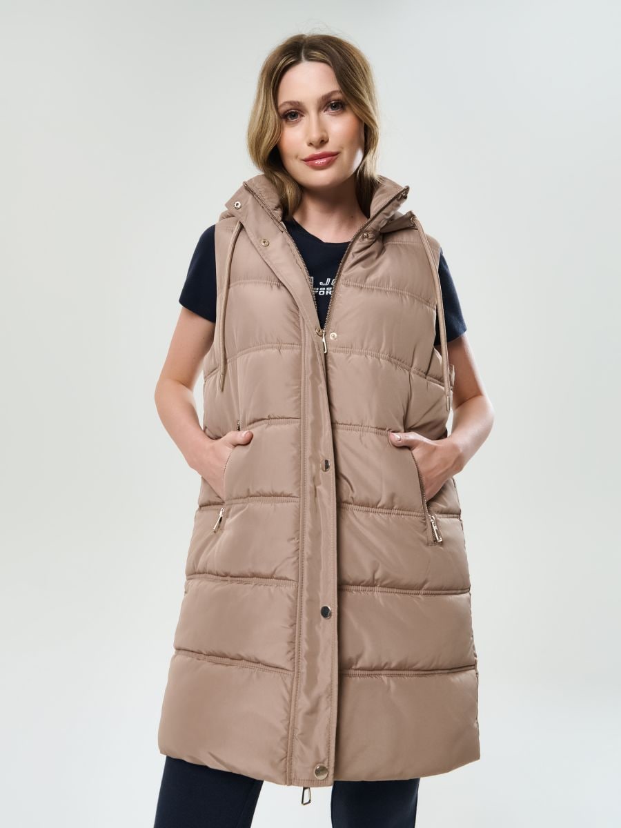 Kamizelka puffer z kapturem - beżowy - SINSAY