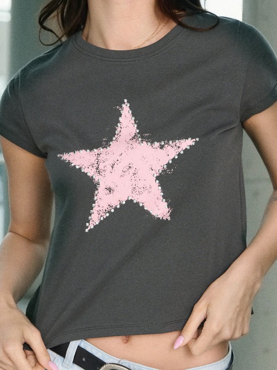 Majica s potiskom in kristalčki - temno siva - SINSAY