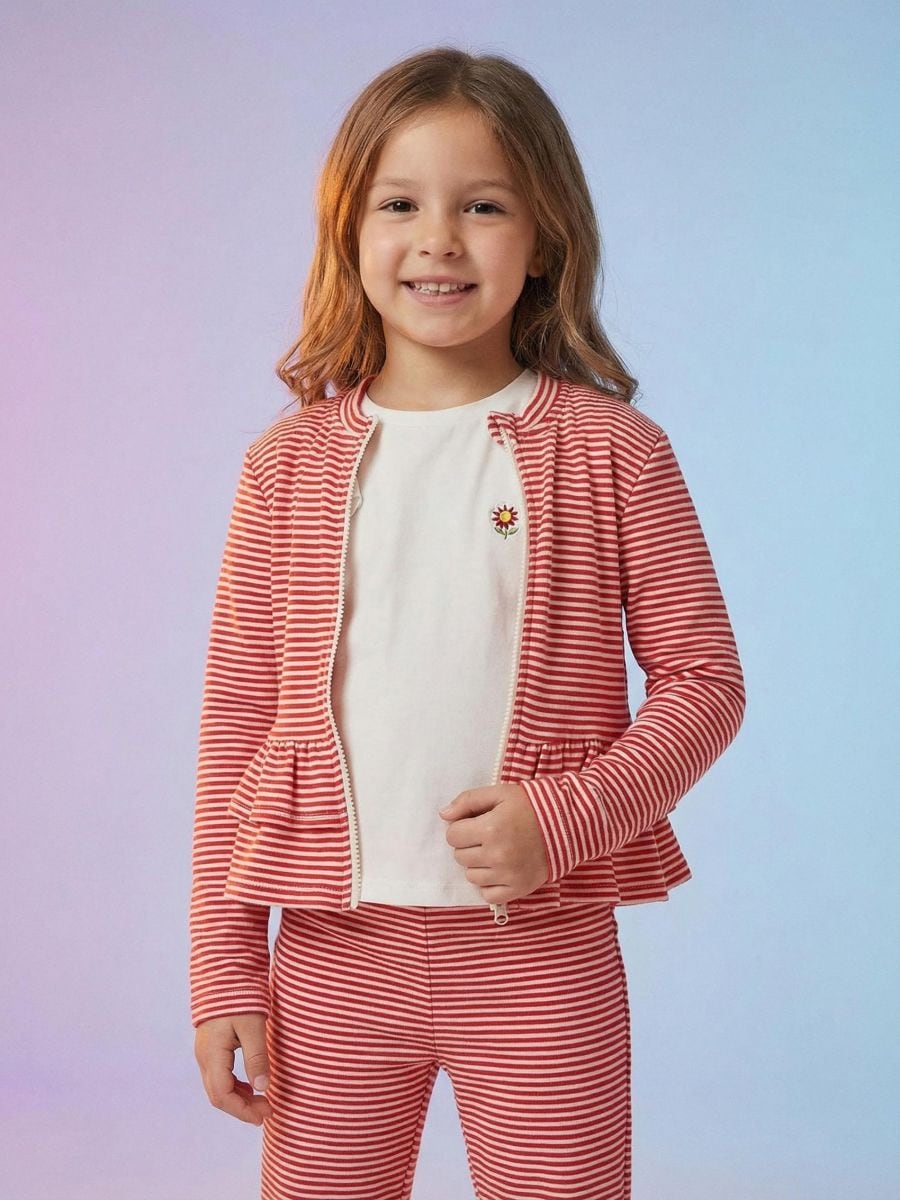 Razširjena majica z zadrgo in peplumom v prugah - roza - SINSAY