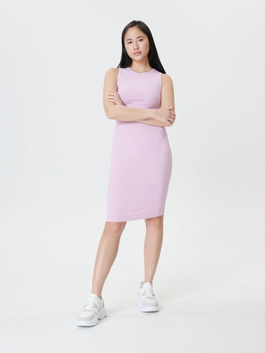 Rochie midi din tricot striat - roz-pastel - SINSAY