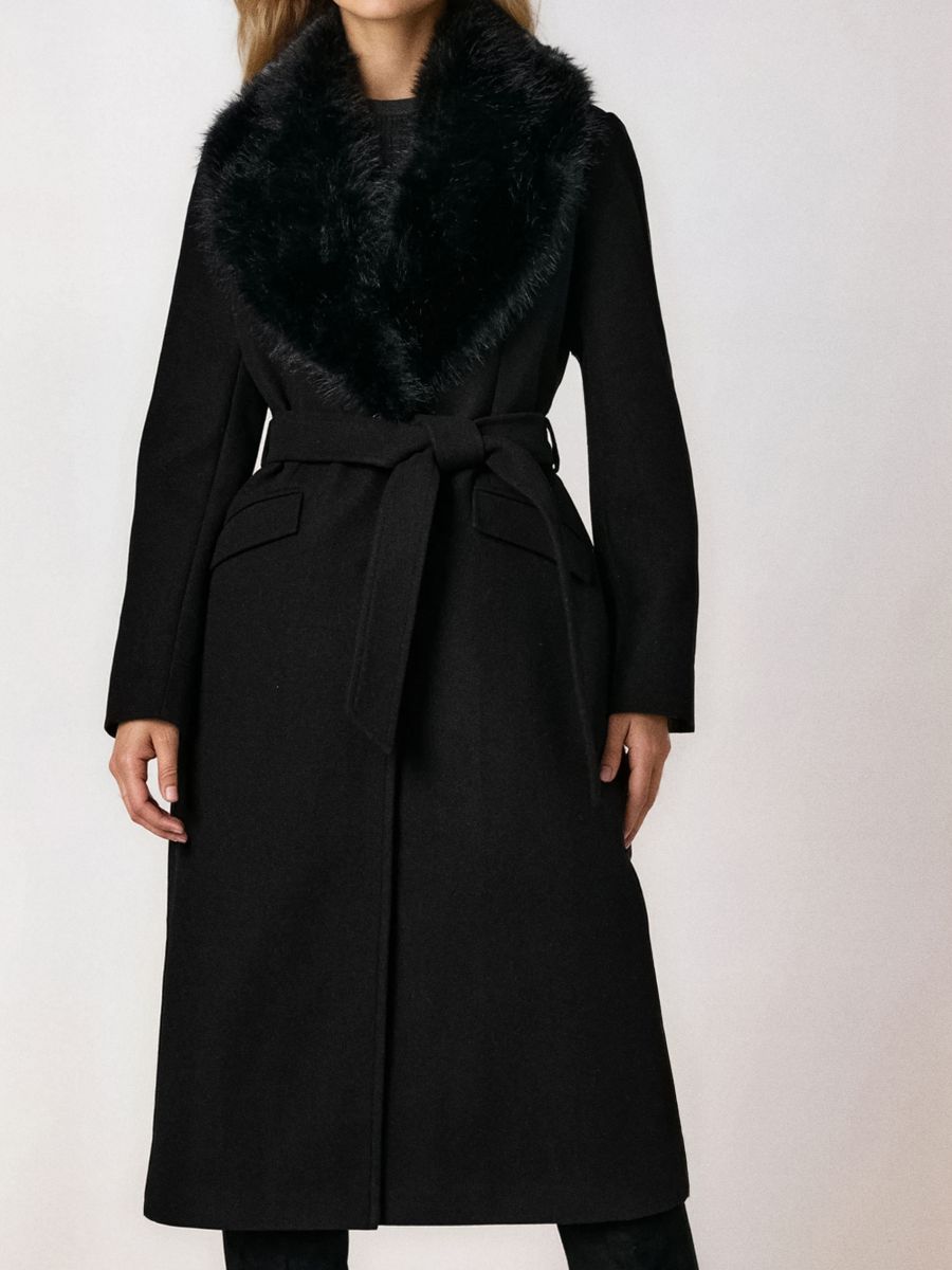 Dugi kaput s krznenim ovratnikom - crno - SINSAY