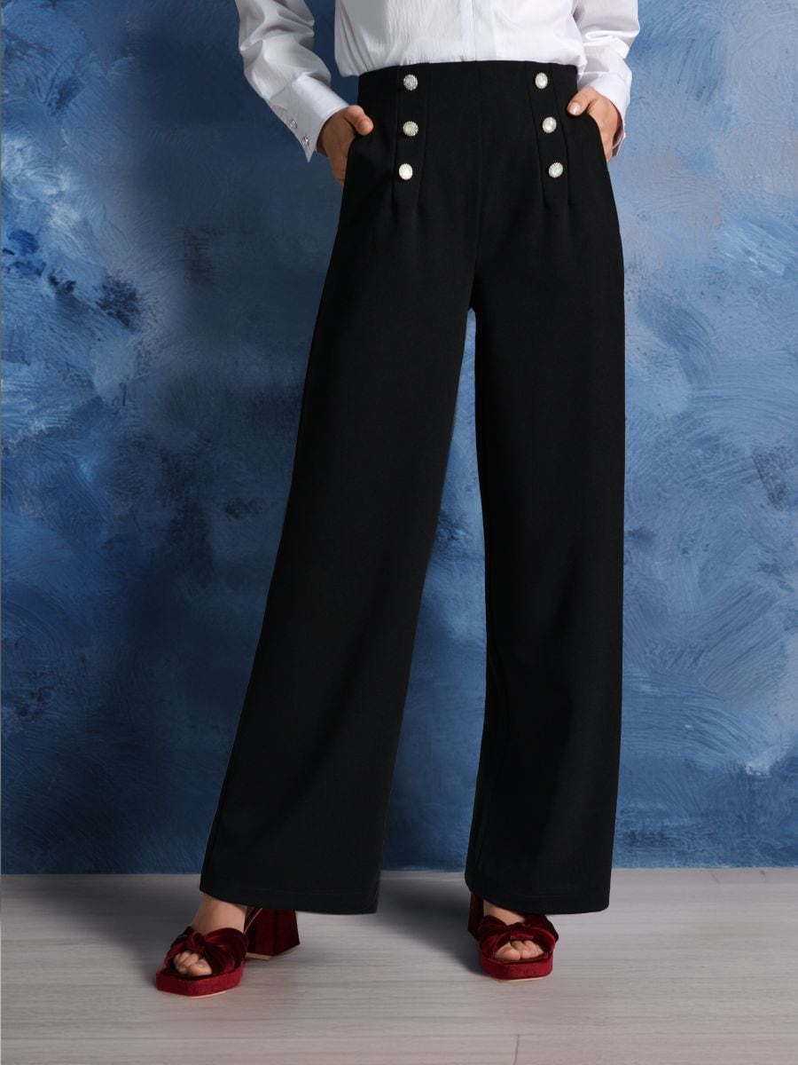 Pantaloni cu nasturi decorativi - negru - SINSAY