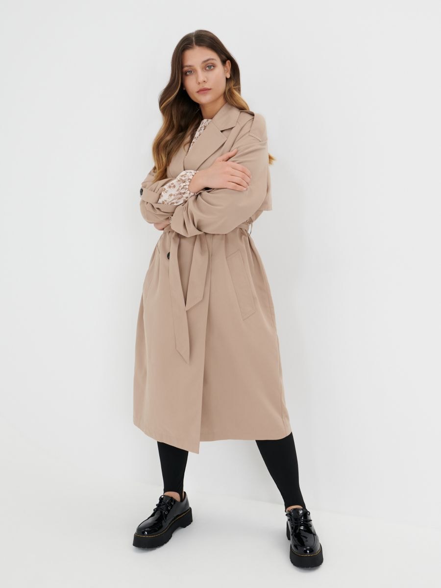 Trench coat with tie waist belt Color wheat - SINSAY - 6548J-12X