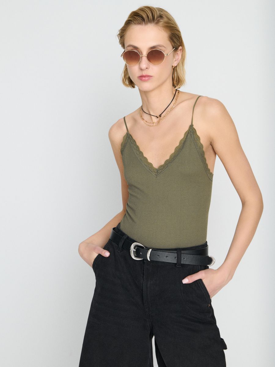 Κορμάκι με τιράντες και δαντέλα - καφετι πρασινο - SINSAY