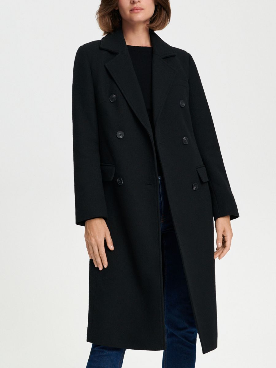 Палто с двуредово закопчаване - черeн - SINSAY