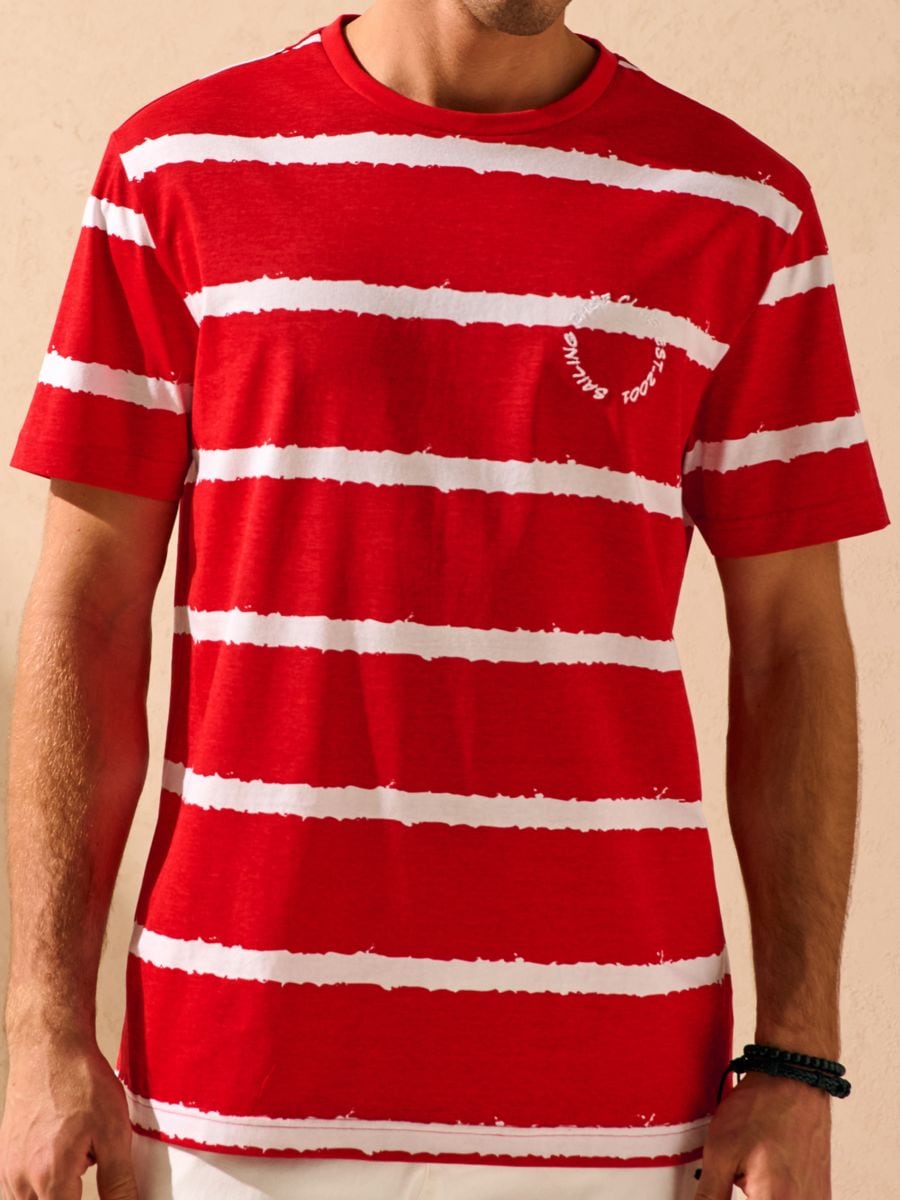 Gestreiftes Baumwoll-T-Shirt - Rot - SINSAY