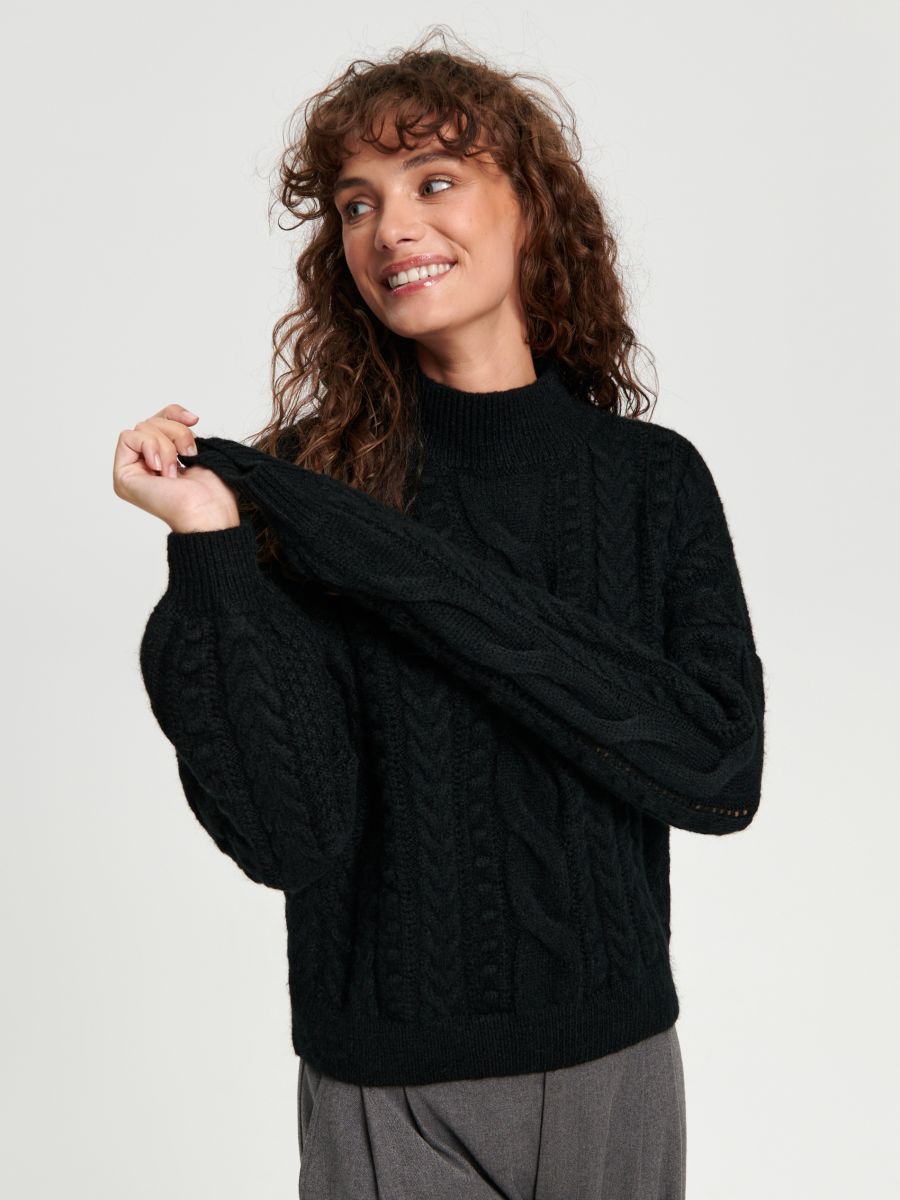 Sweter z ozdobnym splotem - czarny - SINSAY