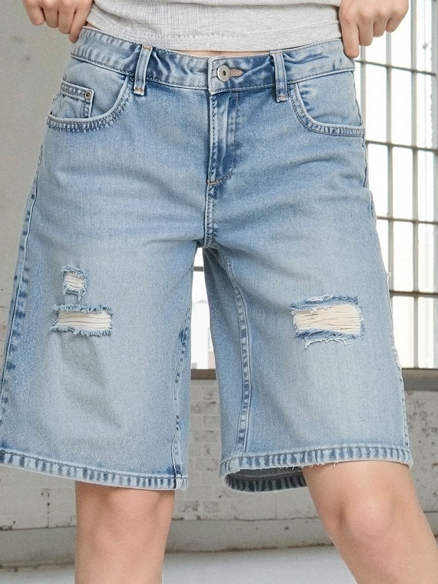 Джинсові шорти з потертостями - бірюзовий - SINSAY