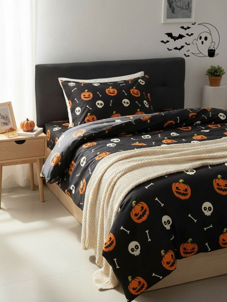 Komplet pościeli z motywem halloweenowym - czarny - SINSAY