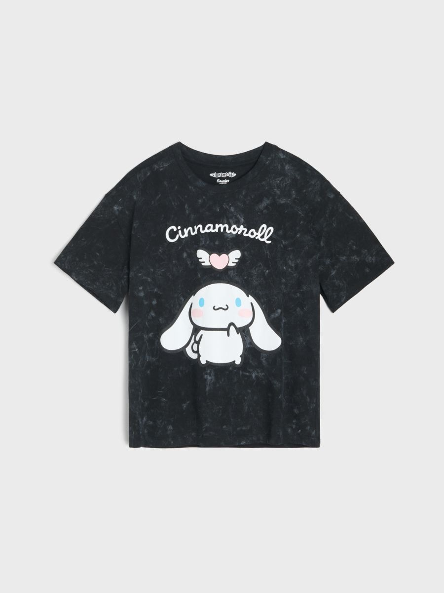 Bawełniana koszulka z efektem sprania Cinnamoroll - czarny - SINSAY