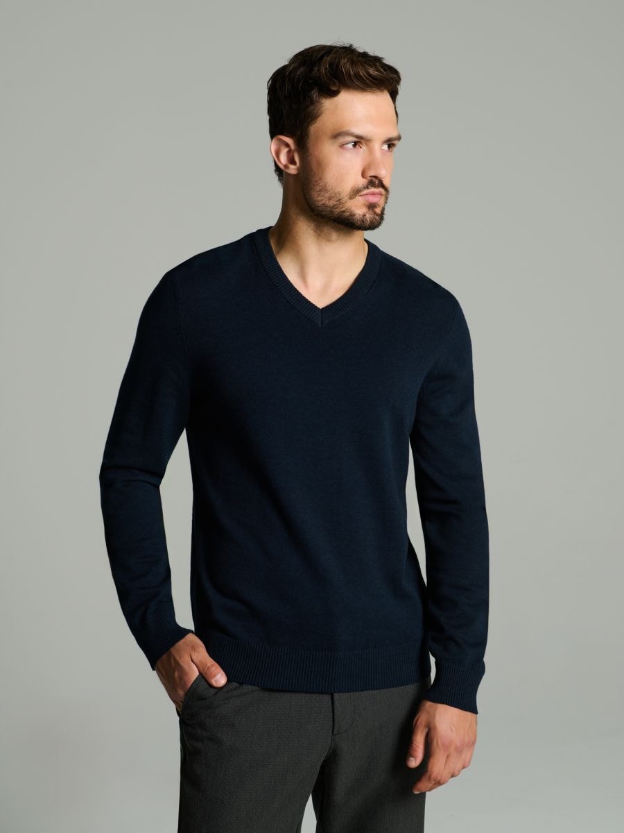 Sweter z dekoltem w serek - granatowy - SINSAY