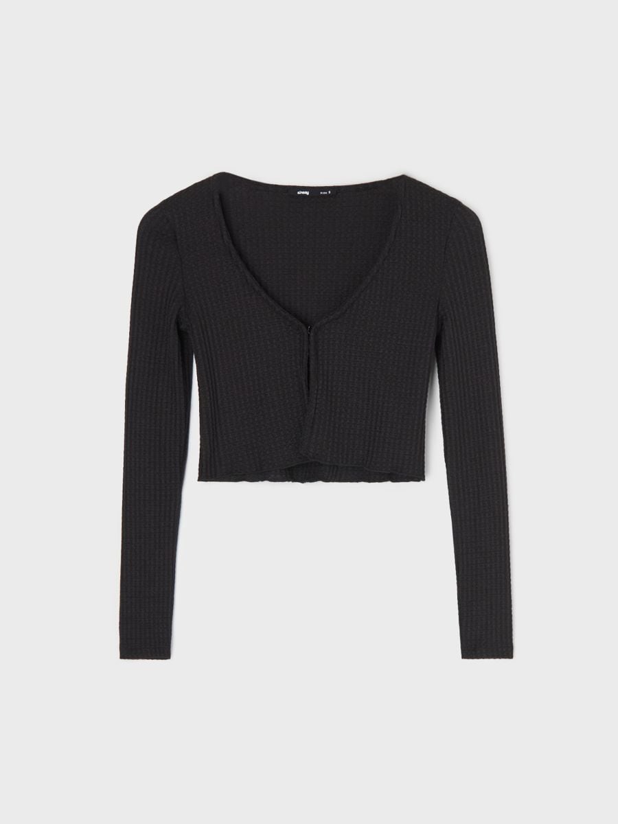 Prążkowana bluzka z długim rękawem typu crop z dekoltem V i zapięciem - czarny - SINSAY