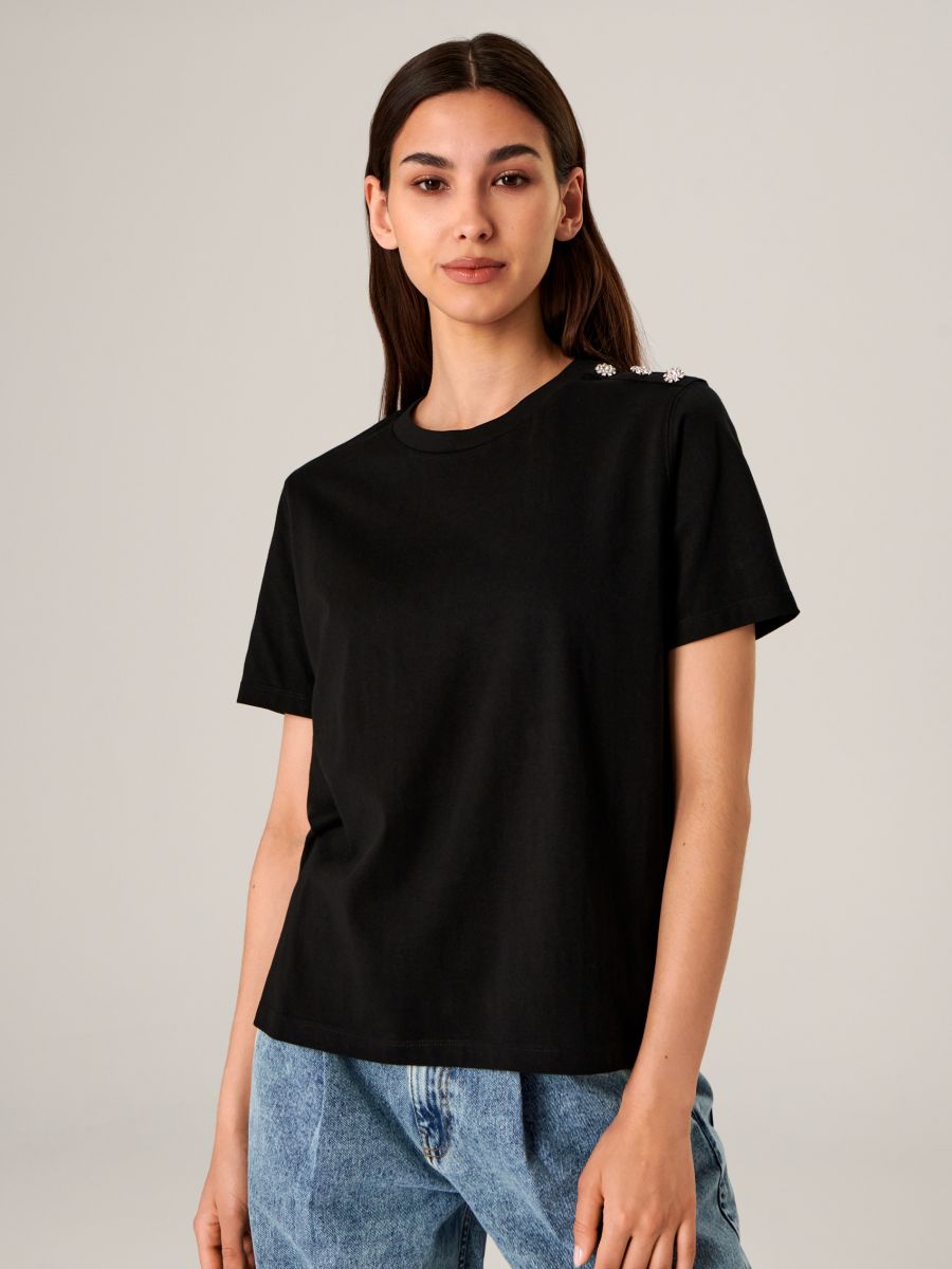 Cotton T-shirt Color black - SINSAY - 7793U-99X