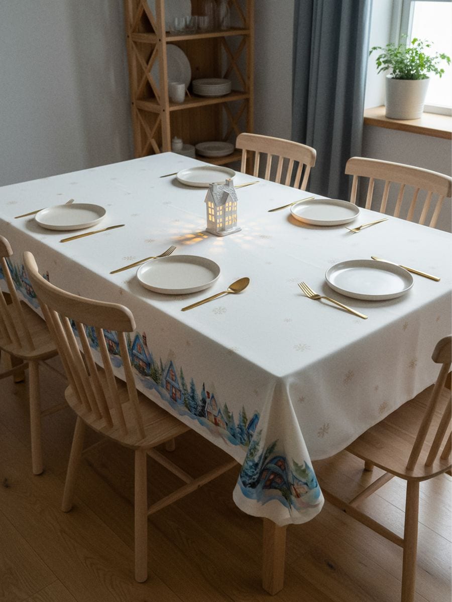 Božićni stolnjak s motivom pahulja i kućica na rubovima - više boja - SINSAY