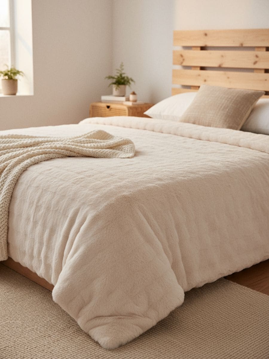 Narzuta na łóżko ze sztucznym futerkiem - kremowy - SINSAY