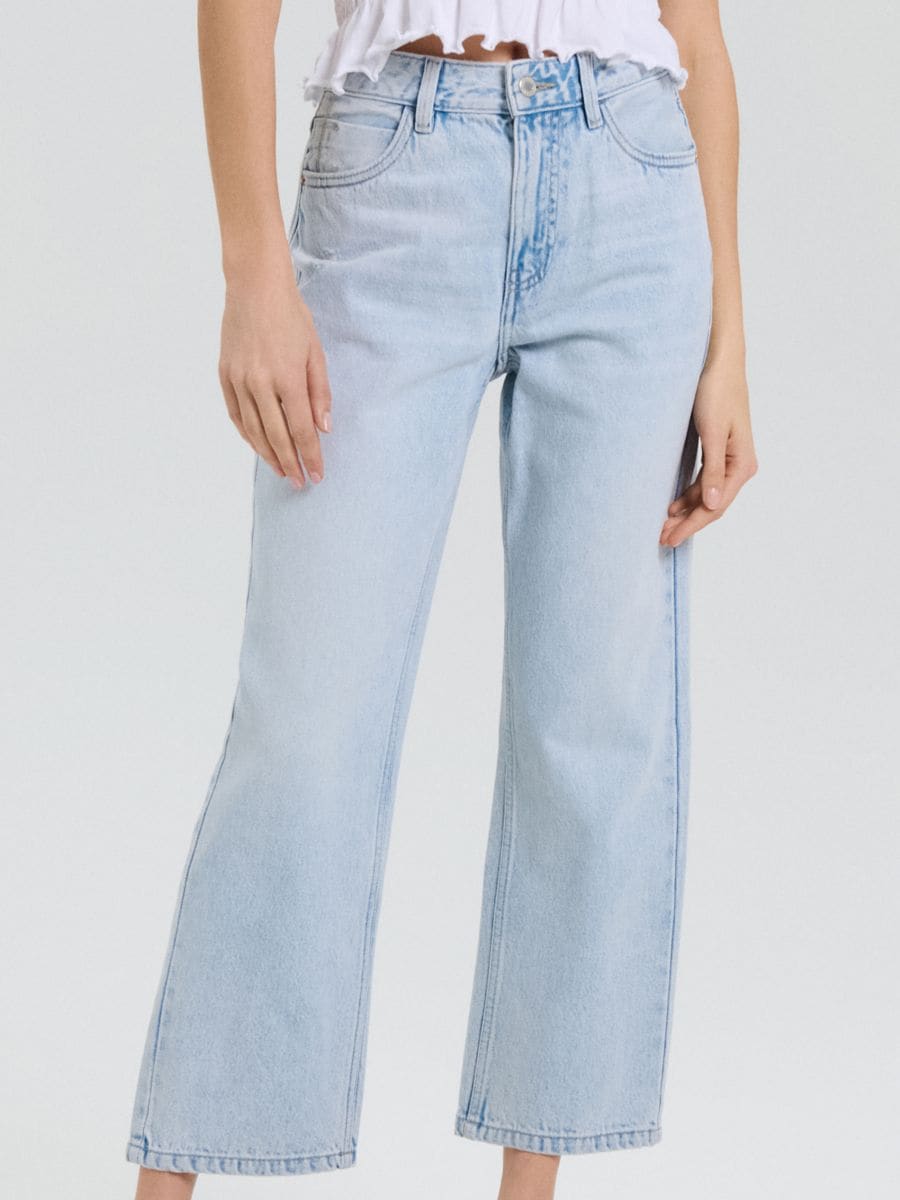 Jeansy straight cropped high waist - niebieski - SINSAY