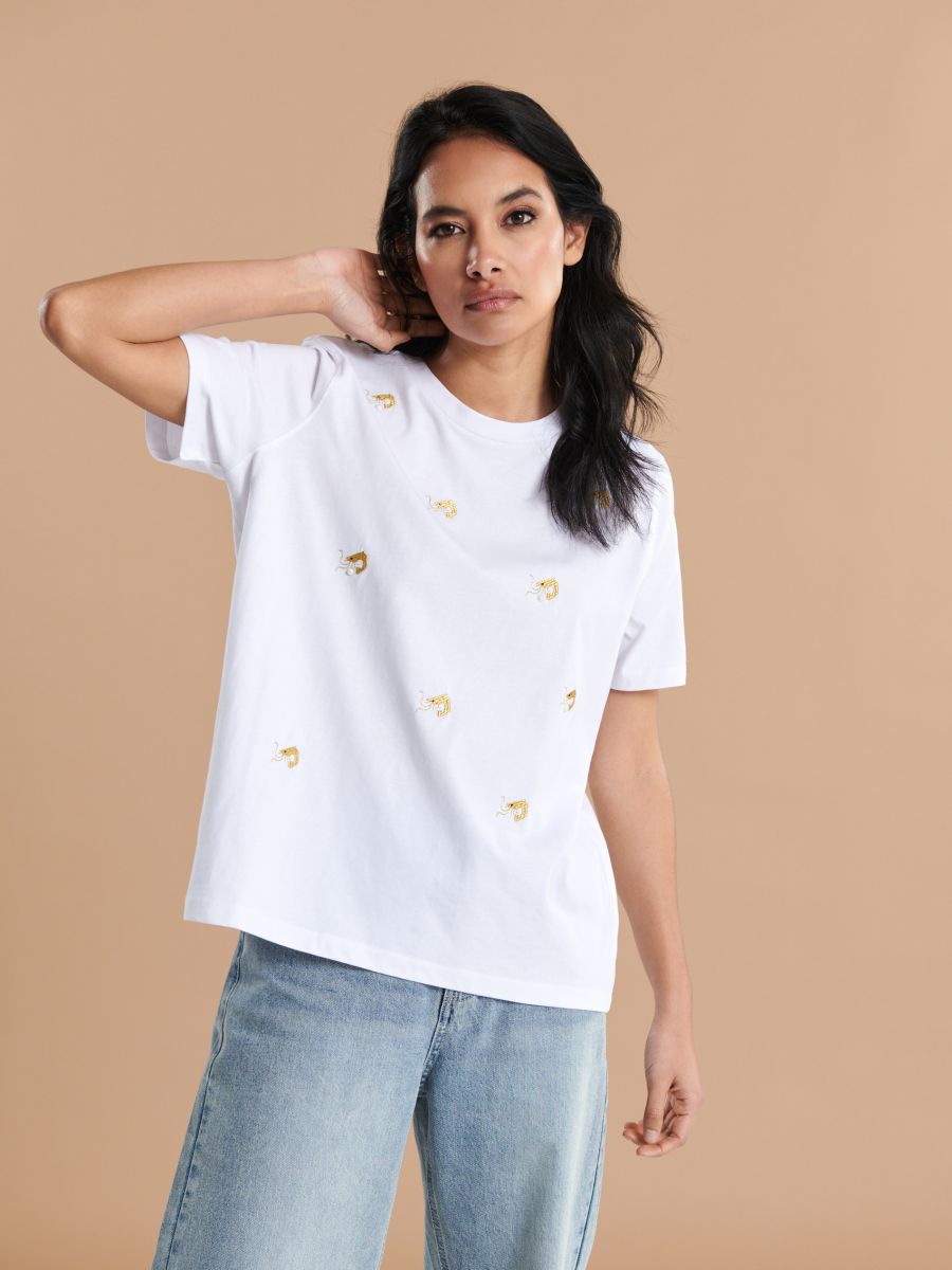 T-Shirt mit Stickereidetail - Weiß - SINSAY