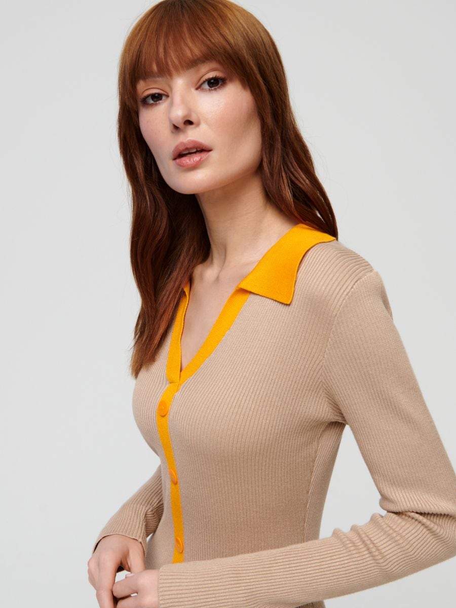Midi dress with collar - beige - SINSAY