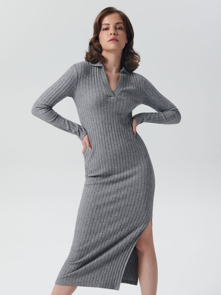 Midi dress with collar - light grey - SINSAY