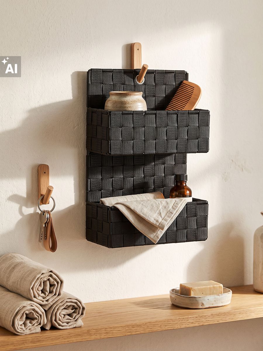 Pleciony organizer ścienny z przegródkami Pleciony organizer ścienny z przegródkami - czarny - SINSAY