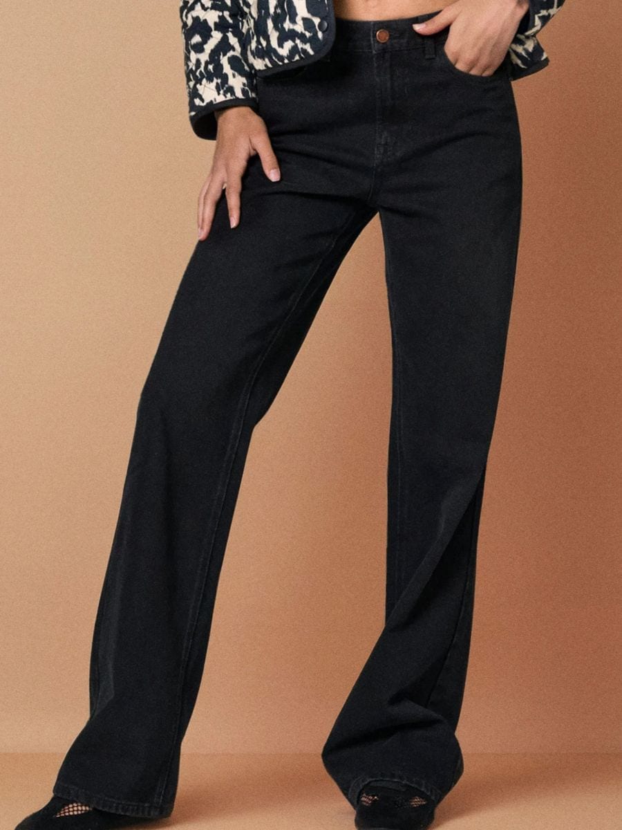 Jeansy wide leg z wysokim stanem - czarny - SINSAY