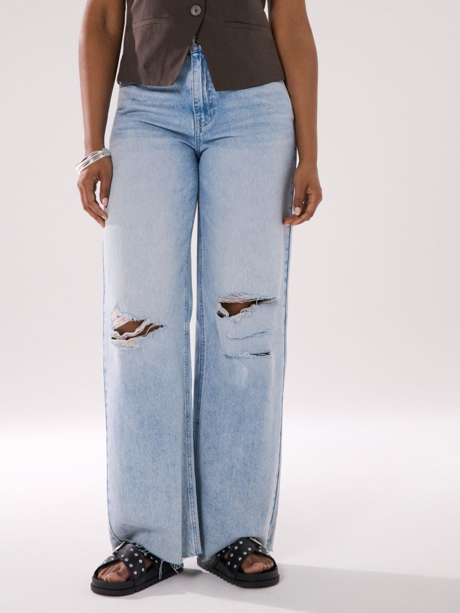Jeansy wide leg z wysokim stanem i przetarciami - niebieski - SINSAY