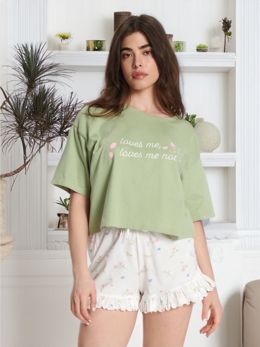 Комплект памучна пижама - светлозелено - SINSAY