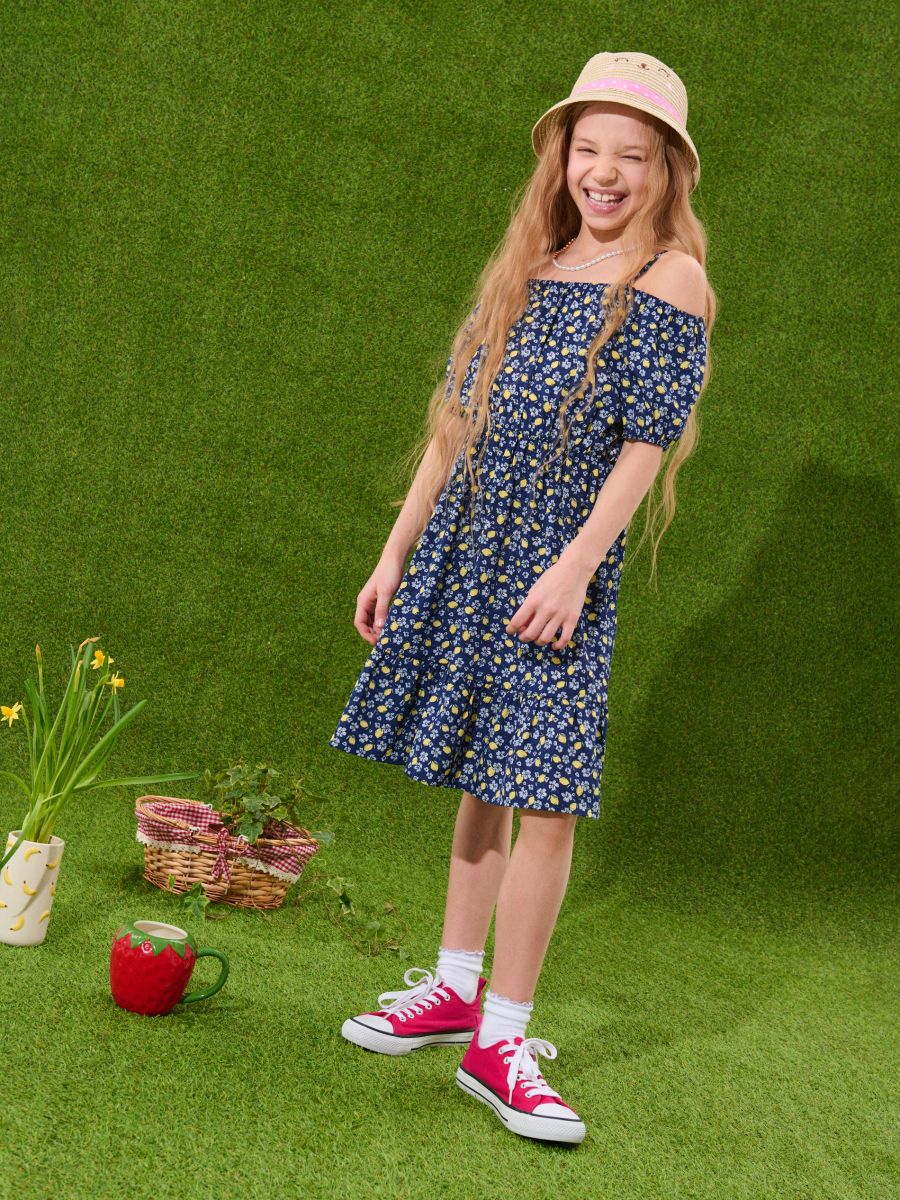 Sukienka w kwiaty i cytryny z marszczeniem - wielobarwny - SINSAY