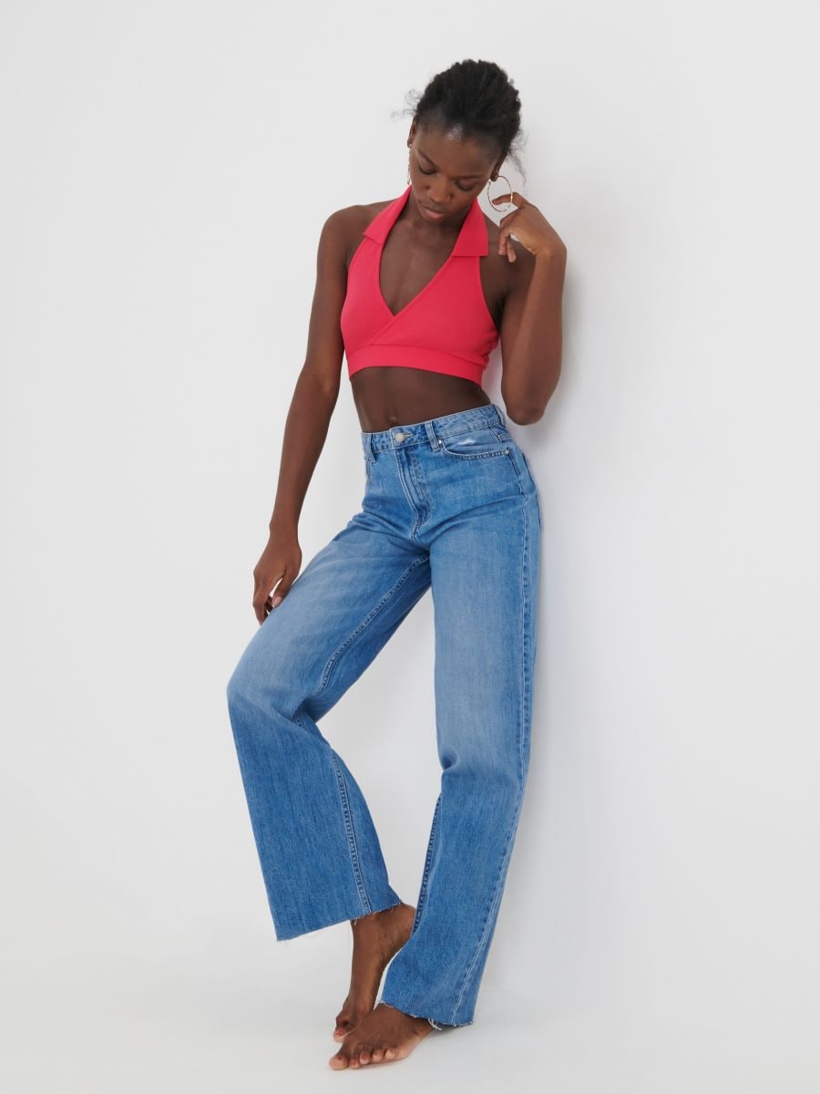 Crop top z prúžkovaného úpletu - fuksiová - SINSAY