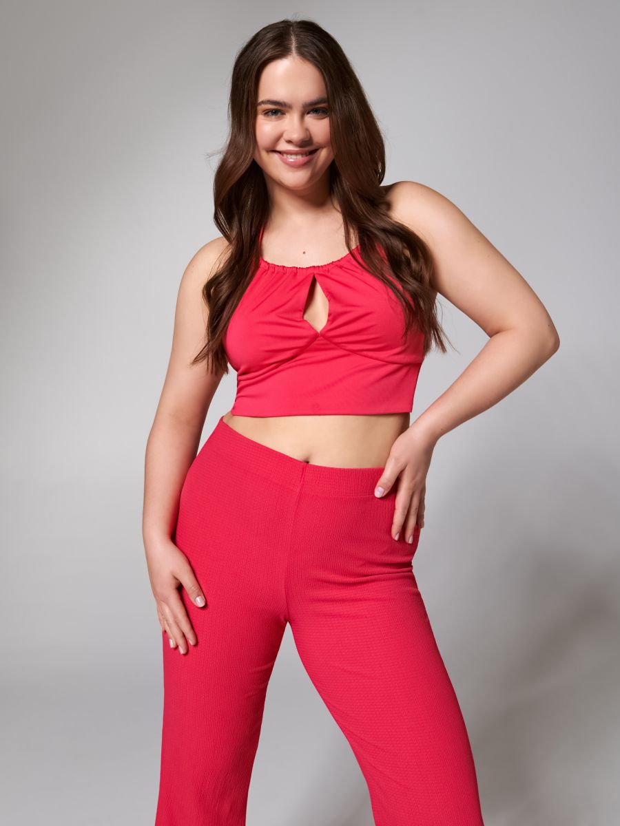 Patterned crop top with tie detail - fuchsia - SINSAY